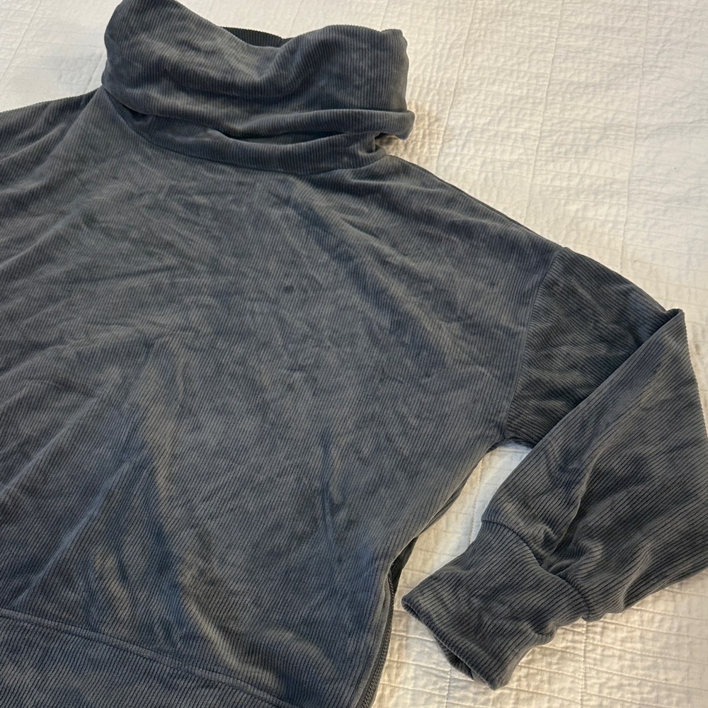 Cable & Gauge Charcoal Velour Corduroy Funnel Neck Pullover Cozy Boxy Large - Picture 4 of 10